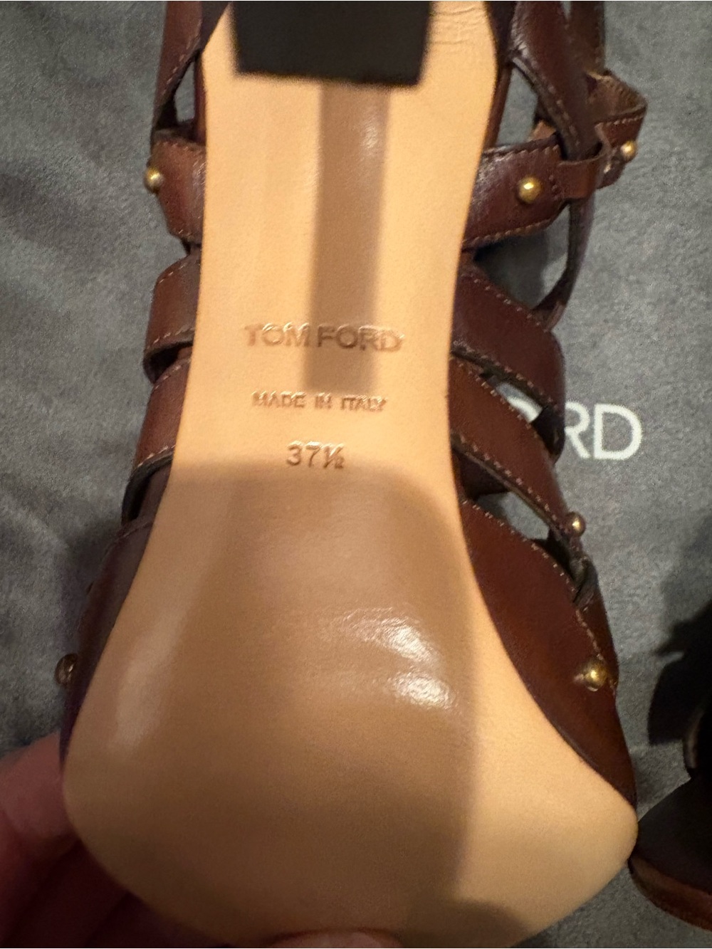 Tom Ford Brown Leather Studded Strappy Heels Italy as is floor display 37 1/2 - Picture 11 of 14